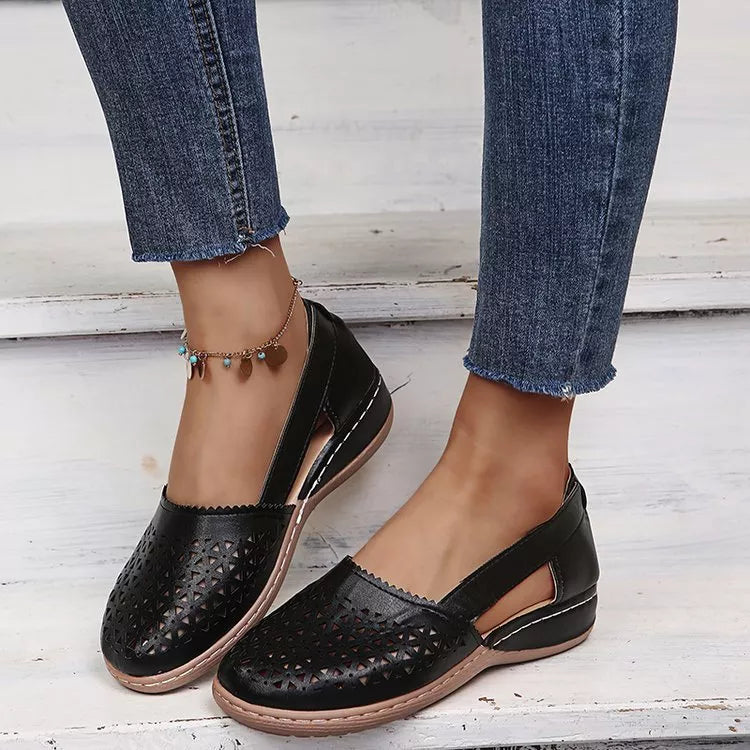 Damen Wedges Orthopädische Ausgeschnittene PU Sommer Vintage Sandalen