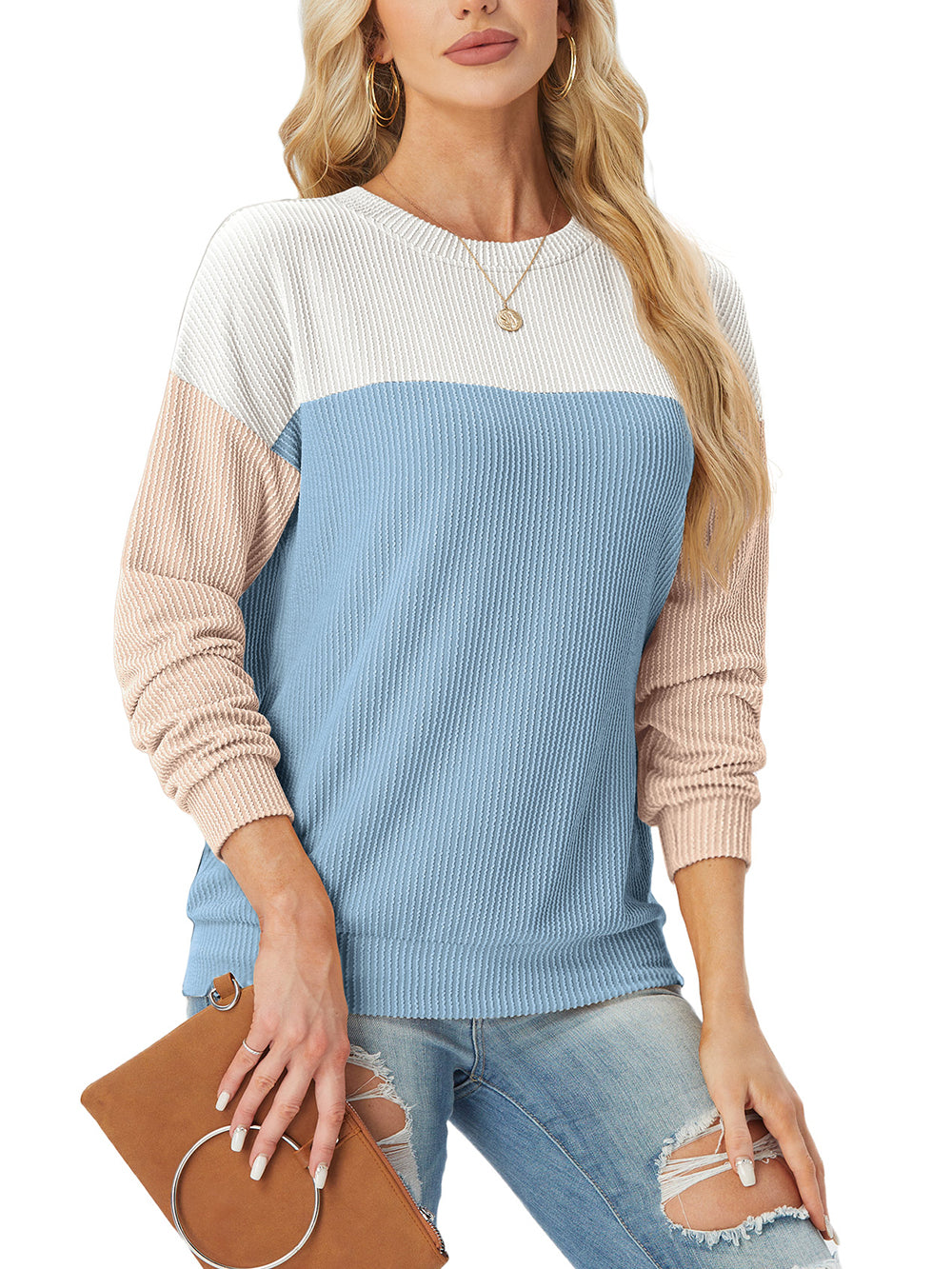 Damen Rundhals Colour Block Gerippte Oberteile (2 kaufen, kostenloser Versand)
