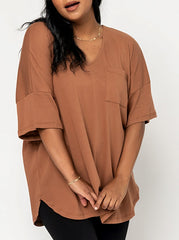 Damen Oversize V-Neck T-Shirt mit Tasche (3 kaufen, Versand gratis)