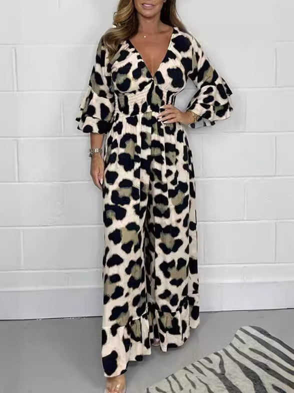 Leopardenmuster-V-Ausschnitt-Jumpsuit
