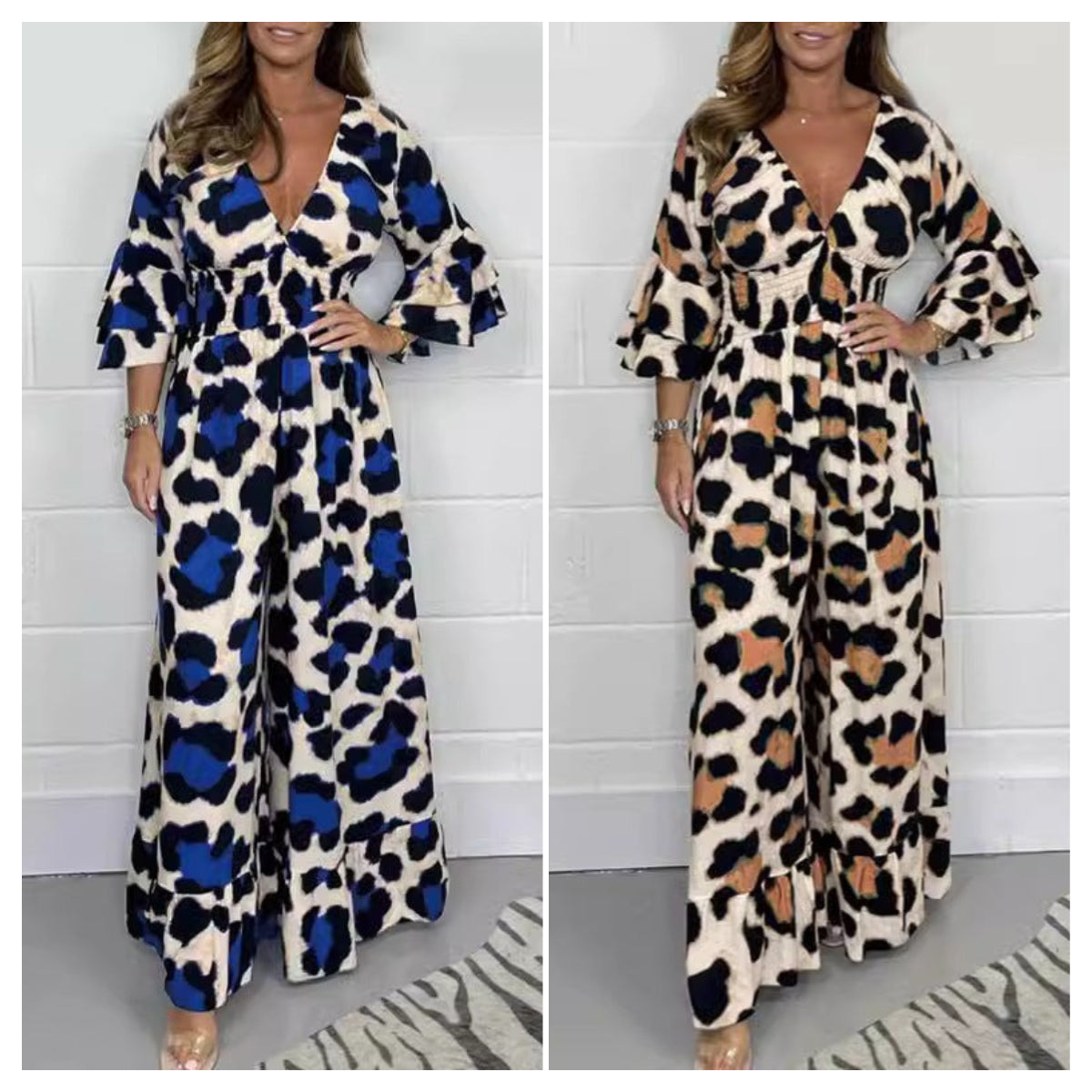 Leopardenmuster-V-Ausschnitt-Jumpsuit