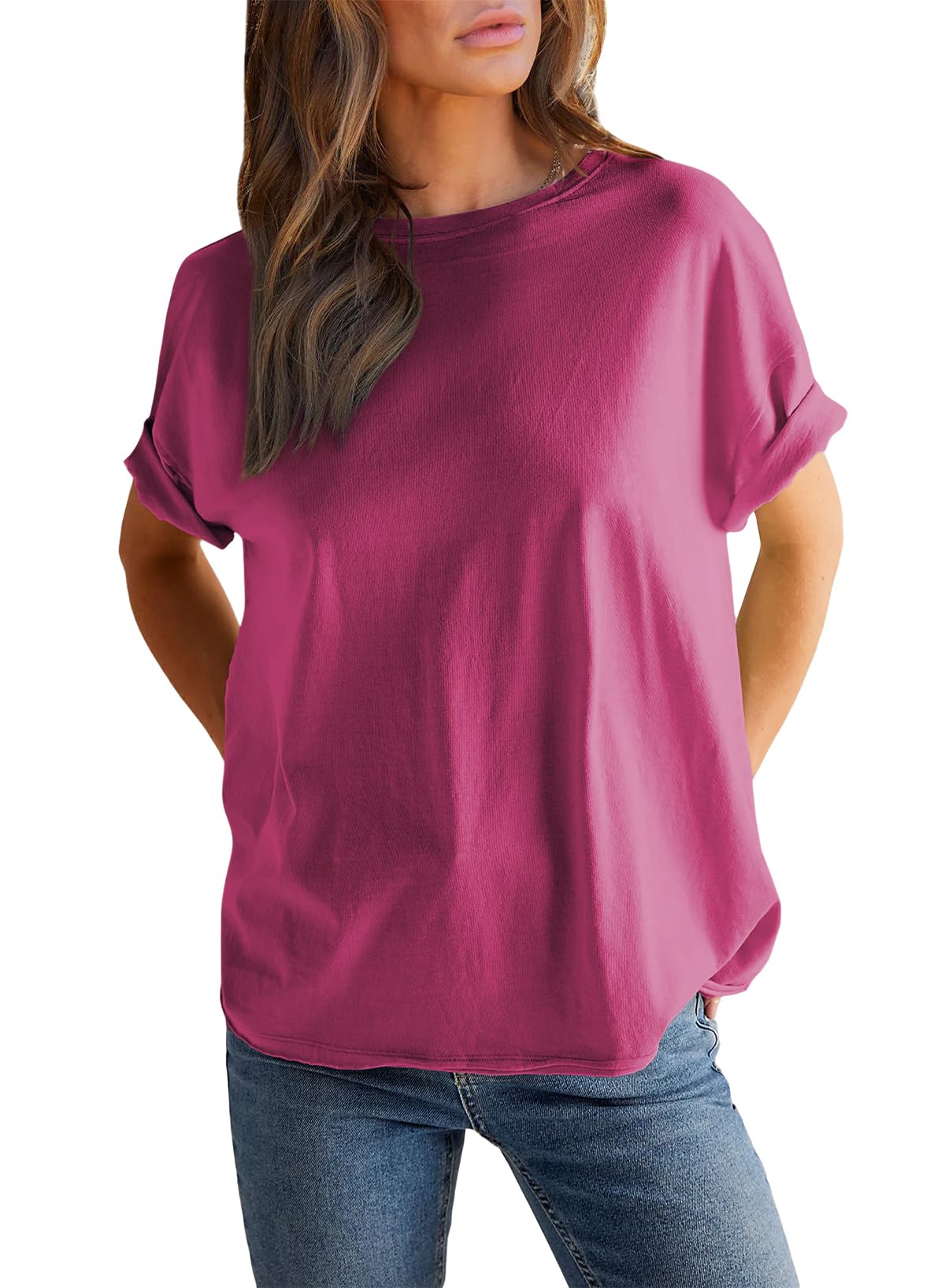 Damen einfarbiges Rundhals-Kurzarm-T-Shirt (2 kaufen, kostenloser Versand)