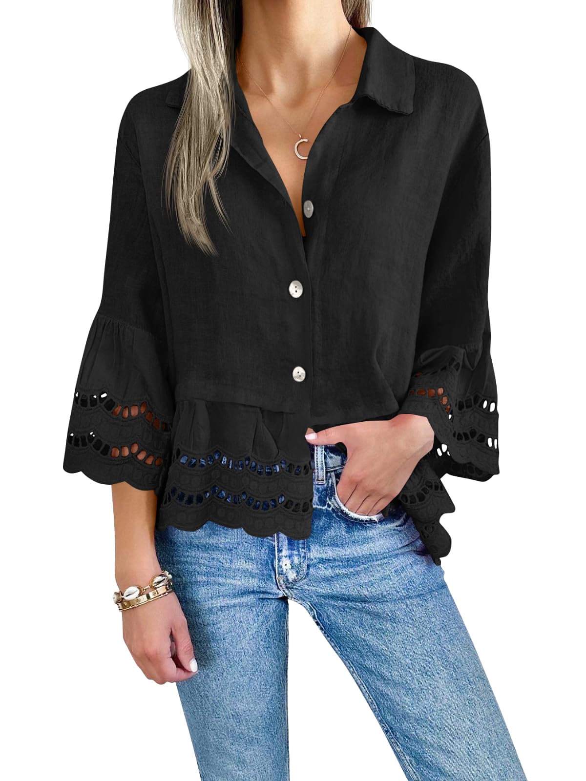 Damen-Bluse mit Ösenstickerei (2 kaufen, kostenloser Versand)