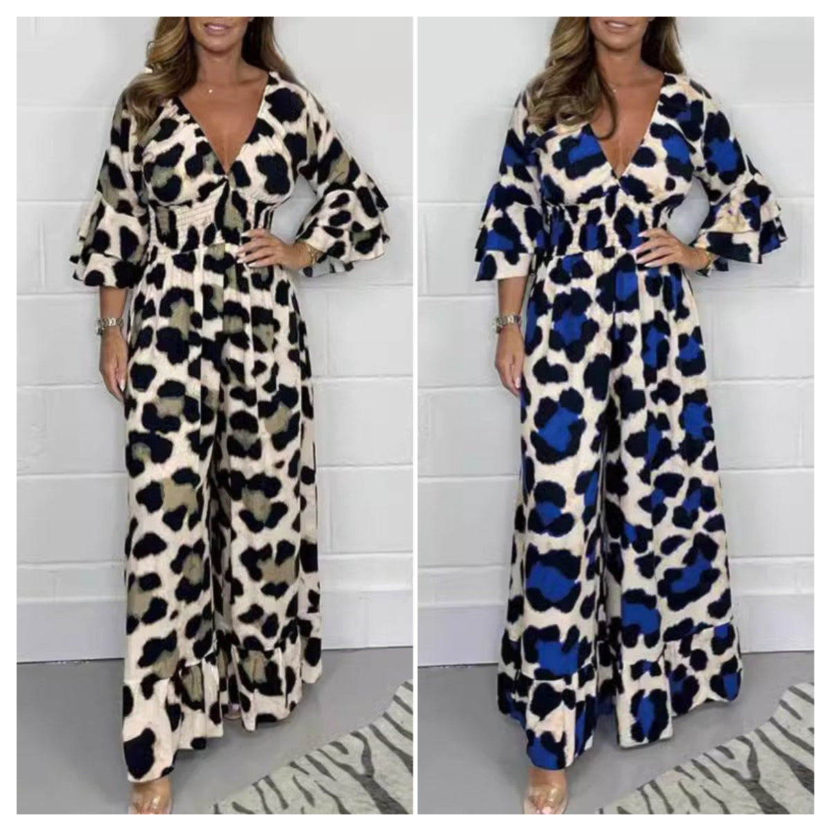 Leopardenmuster-V-Ausschnitt-Jumpsuit