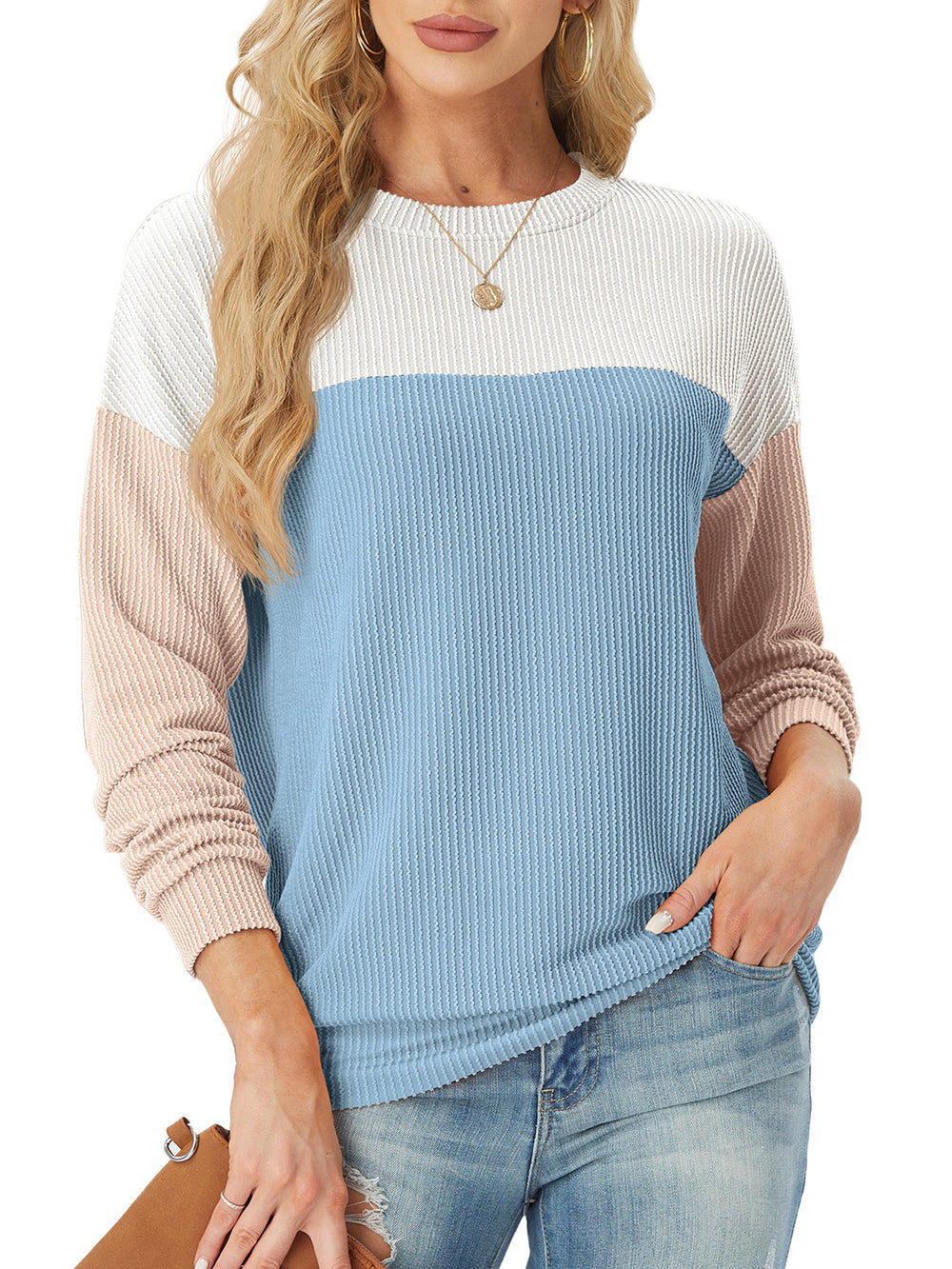 Damen Rundhals Colour Block Gerippte Oberteile (2 kaufen, kostenloser Versand)