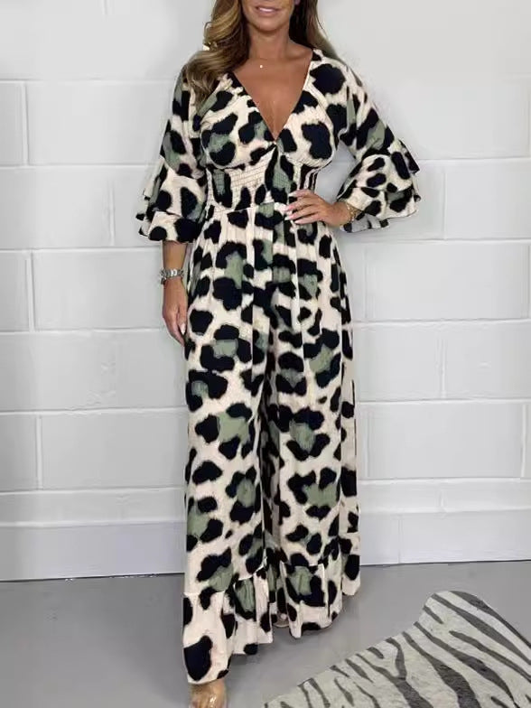 Leopardenmuster-V-Ausschnitt-Jumpsuit