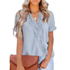 Chiffon-Ball-Spitze V-Ausschnitt Kurzarm-Shirt