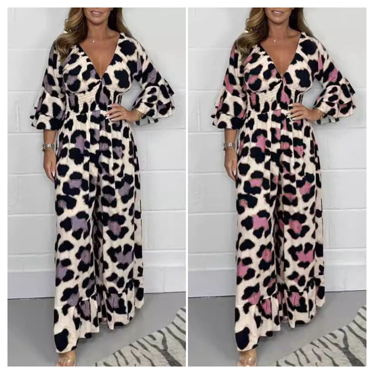 Leopardenmuster-V-Ausschnitt-Jumpsuit