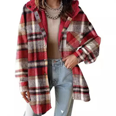 Damen Flanell Kariert Kapuzen-Hemdjacke Dicke Winterjacke für Wärme Geknöpfte Warme Flauschige Fleecejacke