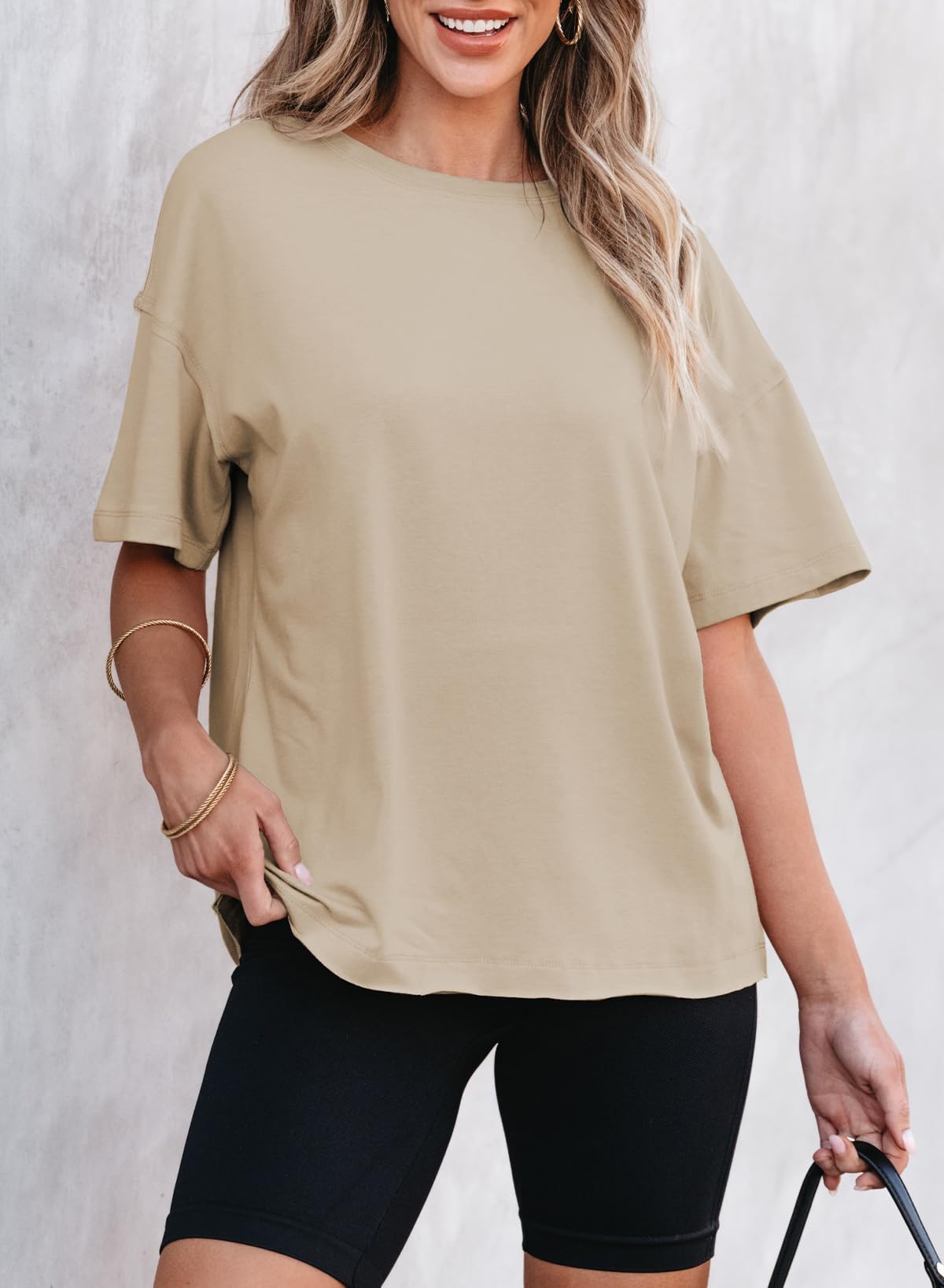 Damen einfarbiges Rundhals-Kurzarm-T-Shirt (2 kaufen, kostenloser Versand)