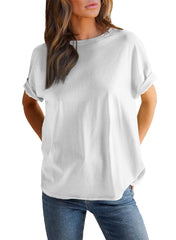 Damen einfarbiges Rundhals-Kurzarm-T-Shirt (2 kaufen, kostenloser Versand)