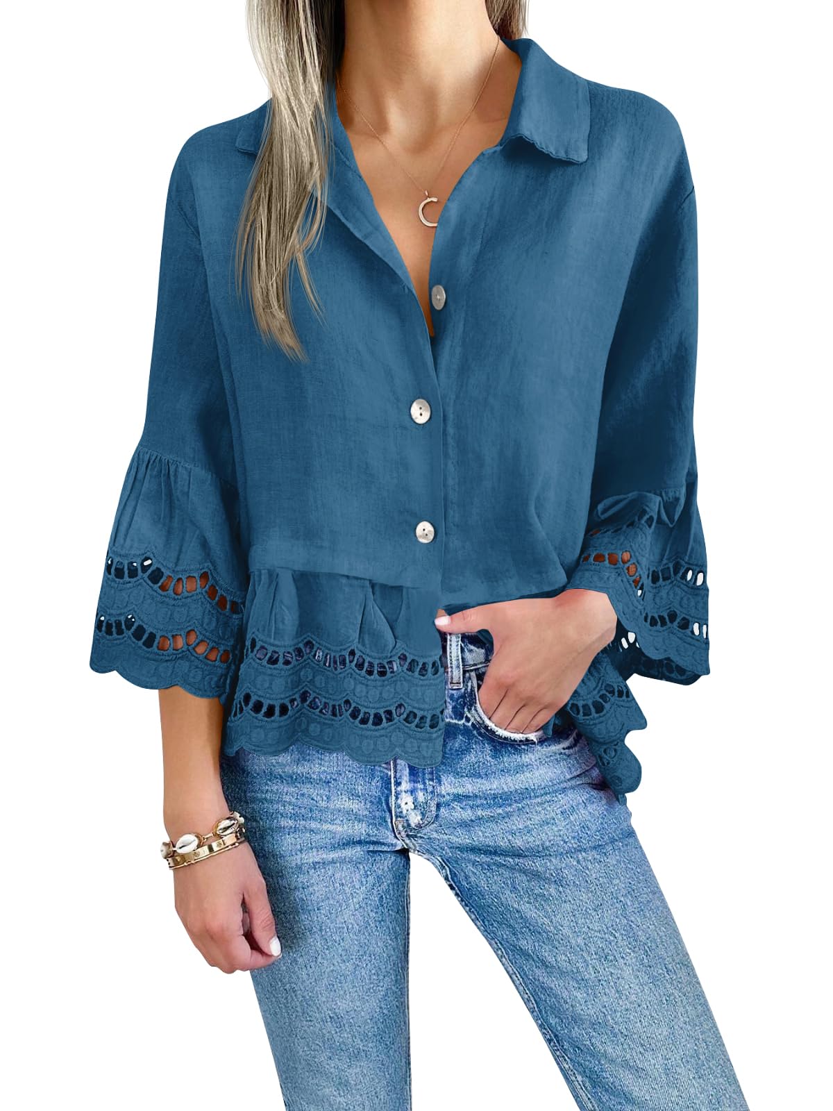 Damen-Bluse mit Ösenstickerei (2 kaufen, kostenloser Versand)