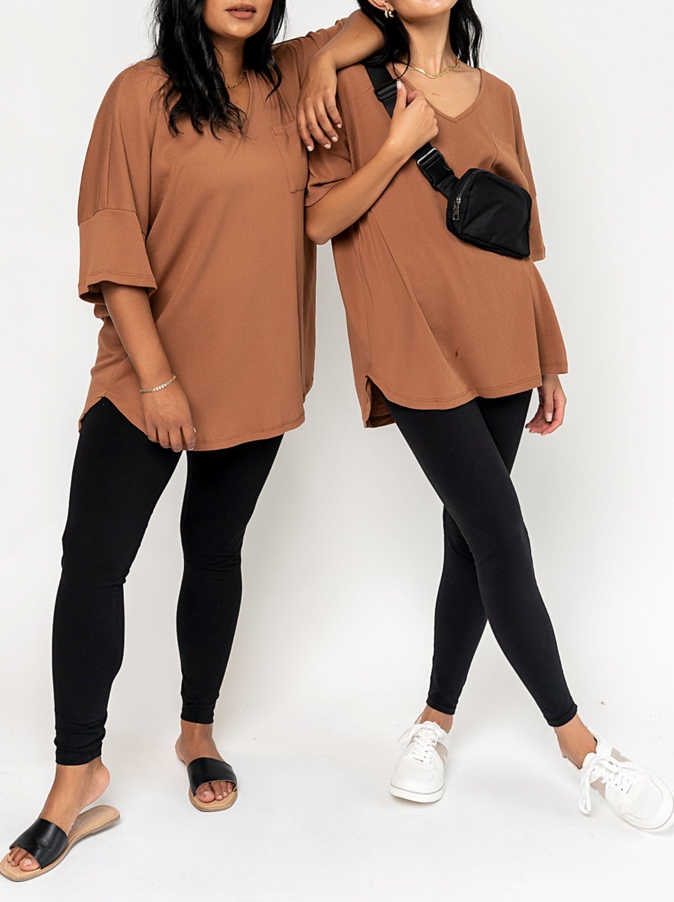 Damen Oversize V-Neck T-Shirt mit Tasche (3 kaufen, Versand gratis)