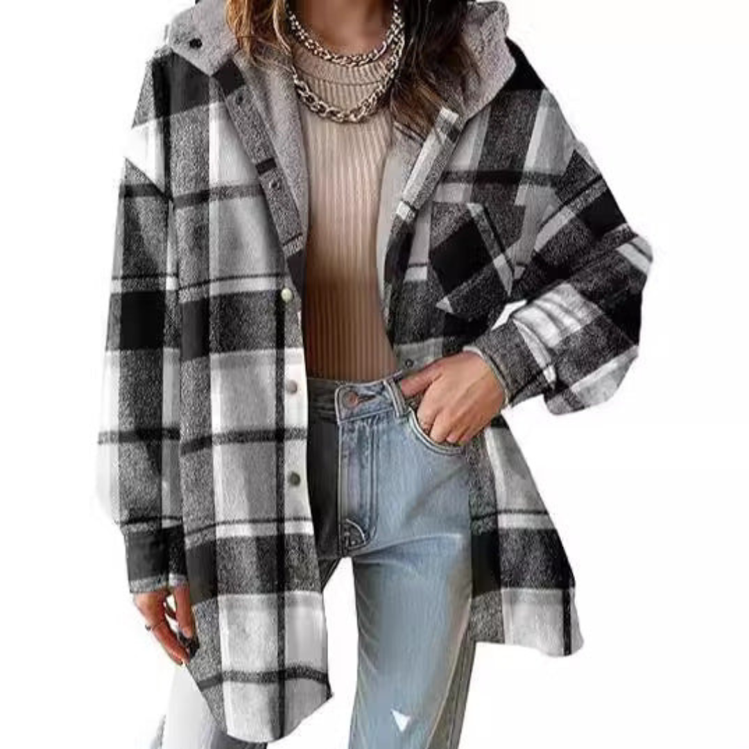 Damen Flanell Kariert Kapuzen-Hemdjacke Dicke Winterjacke für Wärme Geknöpfte Warme Flauschige Fleecejacke