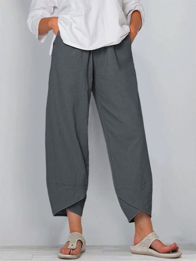 Damen Hose aus Baumwolle und Leinen, schlicht, locker, lässig, knöchellang