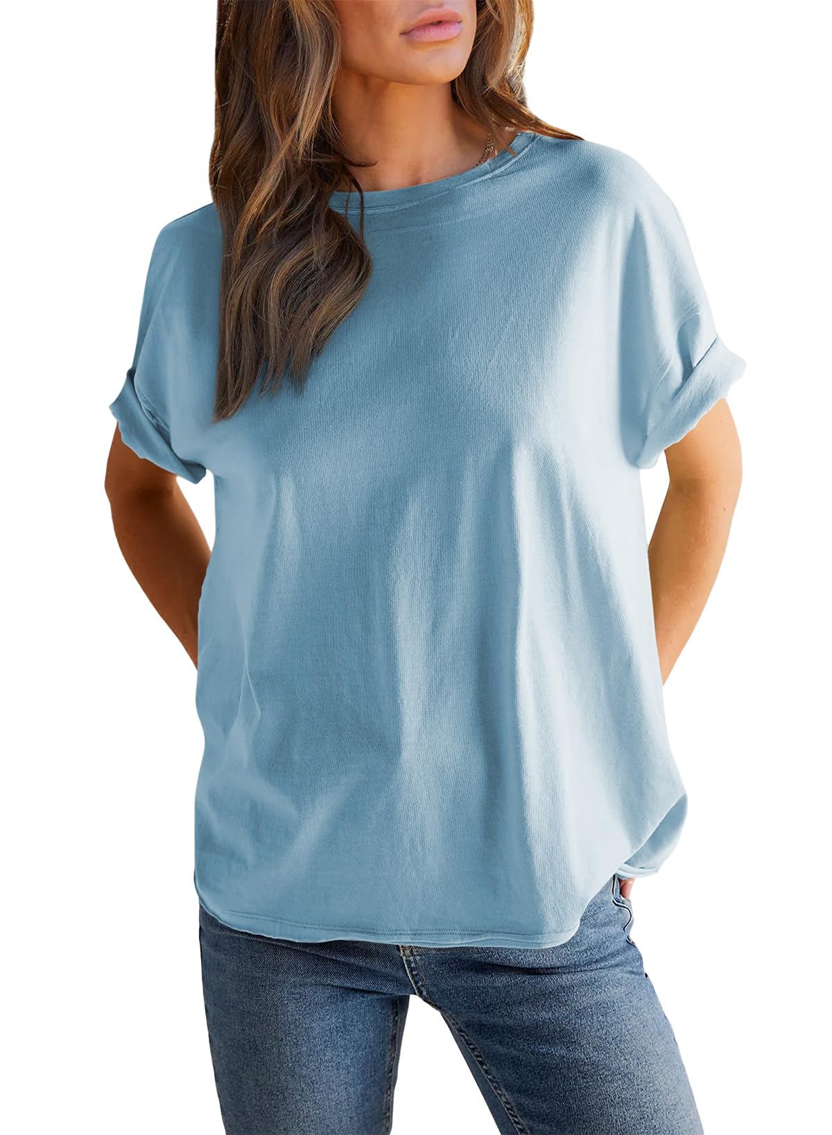 Damen einfarbiges Rundhals-Kurzarm-T-Shirt (2 kaufen, kostenloser Versand)