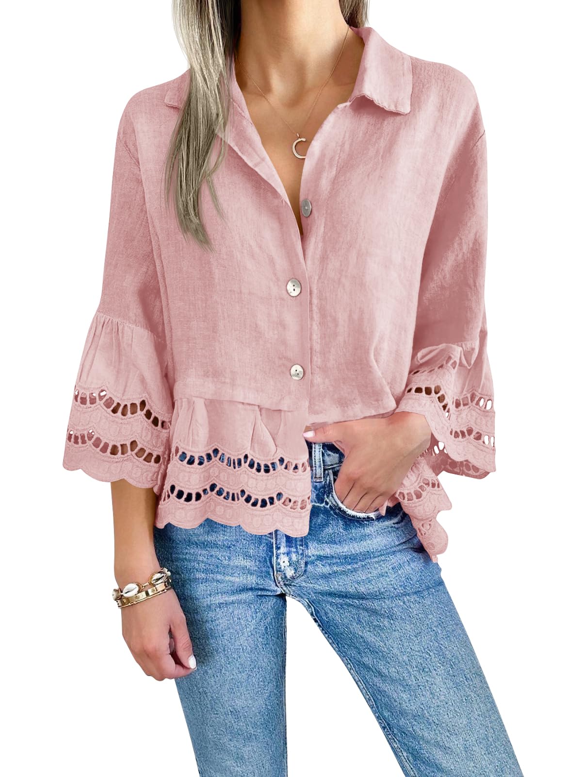 Damen-Bluse mit Ösenstickerei (2 kaufen, kostenloser Versand)