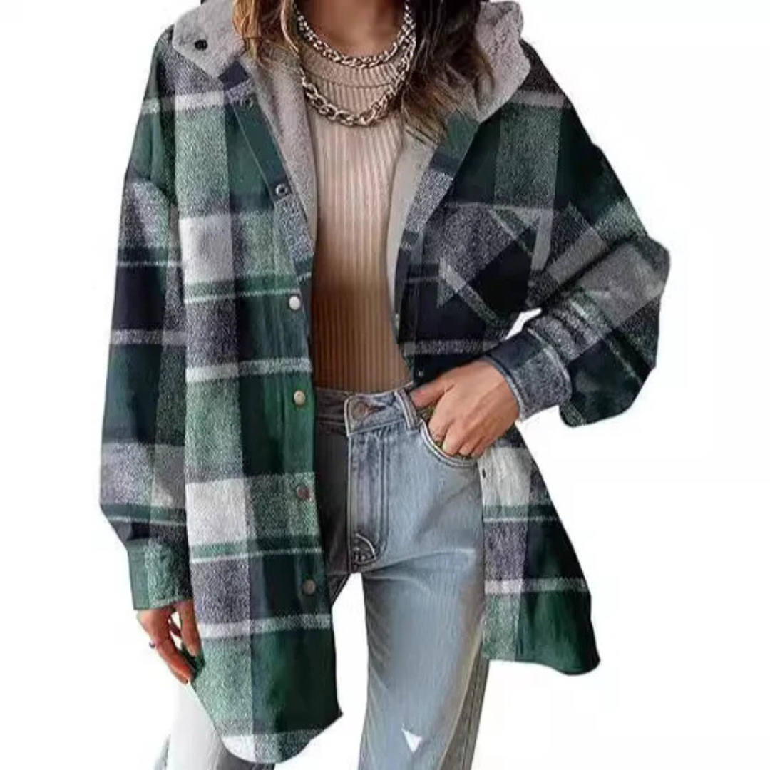 Damen Flanell Kariert Kapuzen-Hemdjacke Dicke Winterjacke für Wärme Geknöpfte Warme Flauschige Fleecejacke
