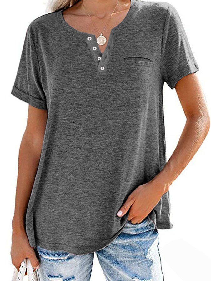 Einfarbiges T-Shirt mit Kurzarm und Tasche (3 kaufen, kostenloser Versand)