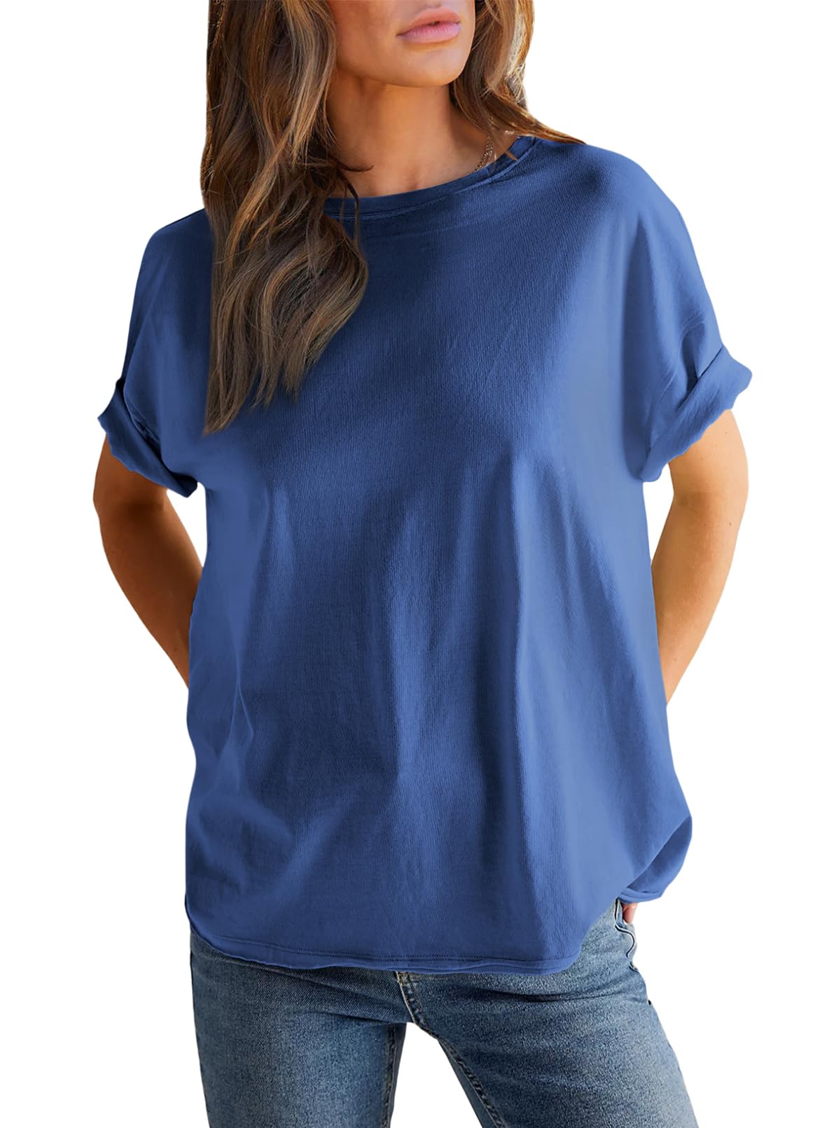 Damen einfarbiges Rundhals-Kurzarm-T-Shirt (2 kaufen, kostenloser Versand)