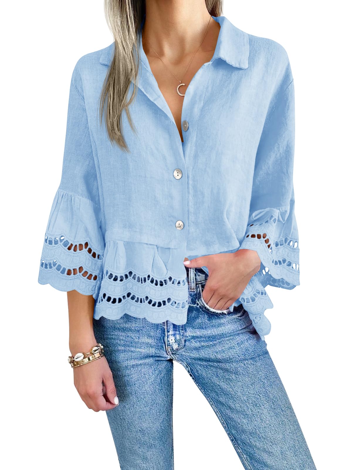 Damen-Bluse mit Ösenstickerei (2 kaufen, kostenloser Versand)