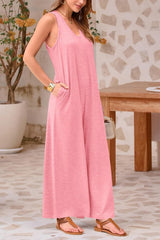 Damen Freizeit Overall Jumpsuit Ärmellos Tank V-Ausschnitt Weites Bein Locker Einteiler Strampler