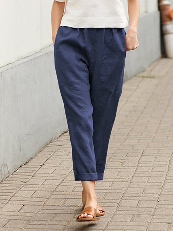 Leinen-Baumwoll-Hose für Damen, große Größen, locker geschnitten