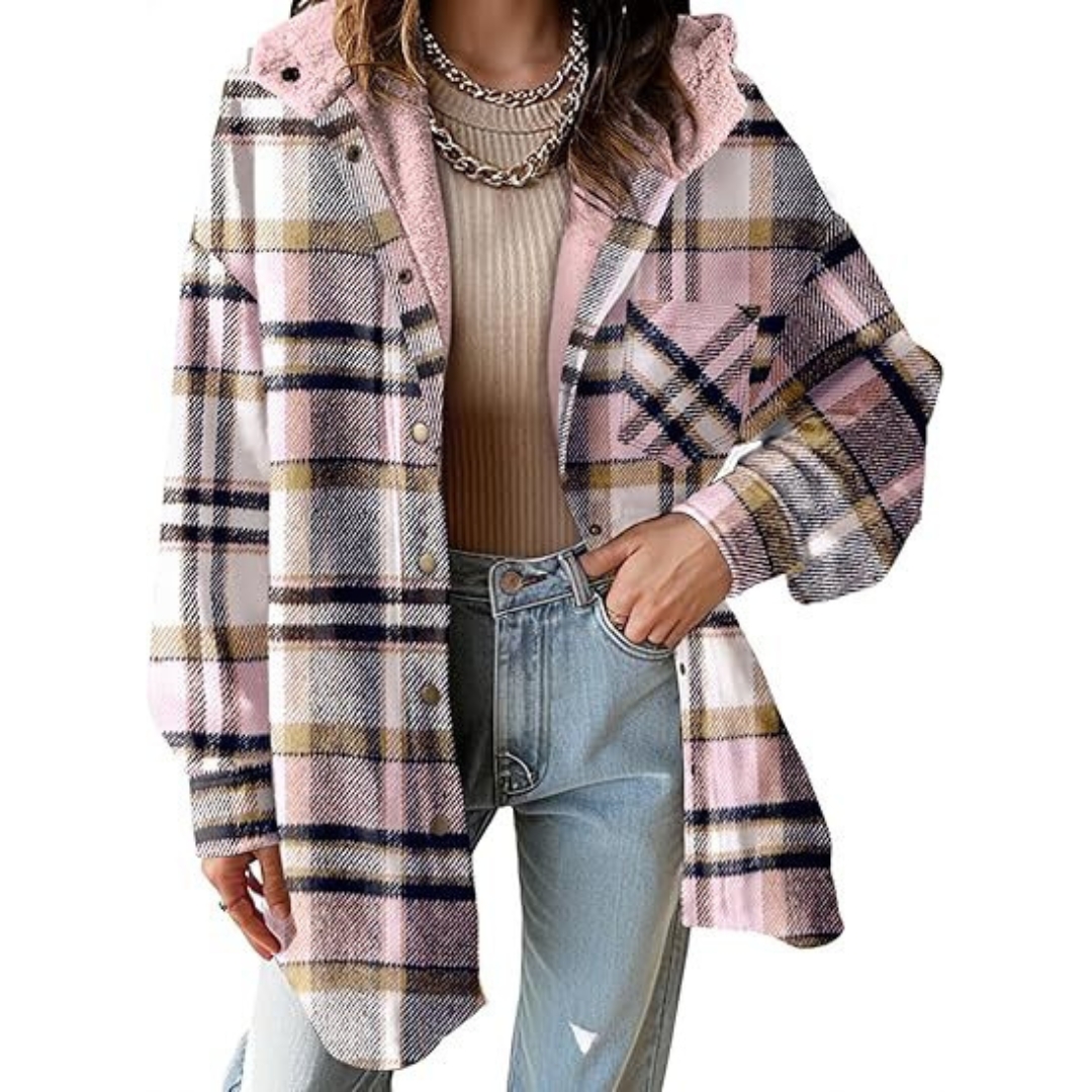 Damen Flanell Kariert Kapuzen-Hemdjacke Dicke Winterjacke für Wärme Geknöpfte Warme Flauschige Fleecejacke
