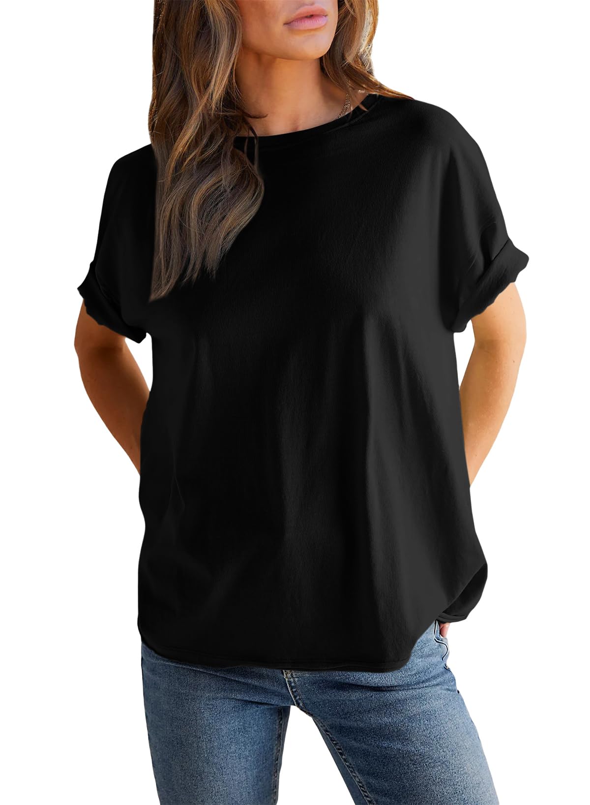 Damen einfarbiges Rundhals-Kurzarm-T-Shirt (2 kaufen, kostenloser Versand)