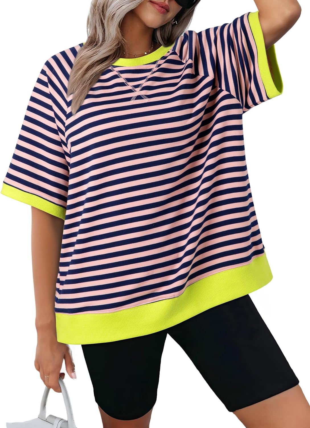 Damen Oversized Gestreifte T-Shirts (3 kaufen, kostenloser Versand)