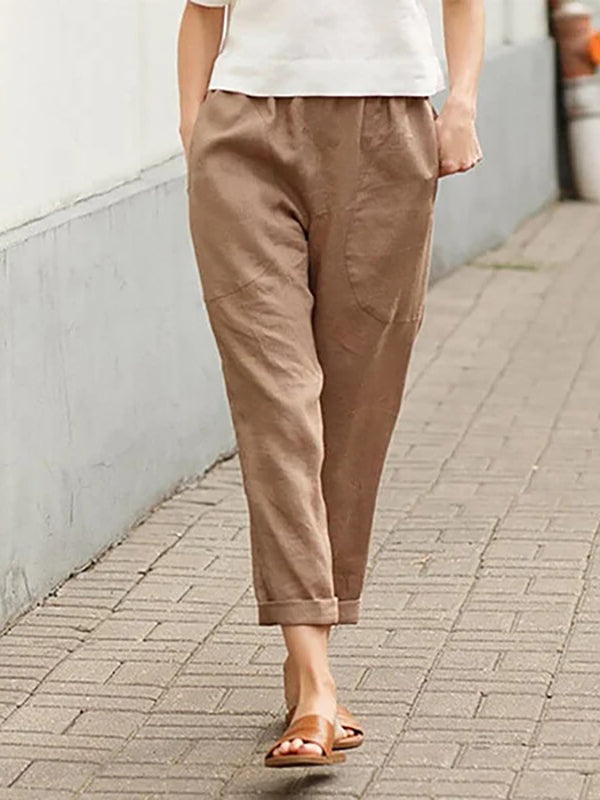 Leinen-Baumwoll-Hose für Damen, große Größen, locker geschnitten