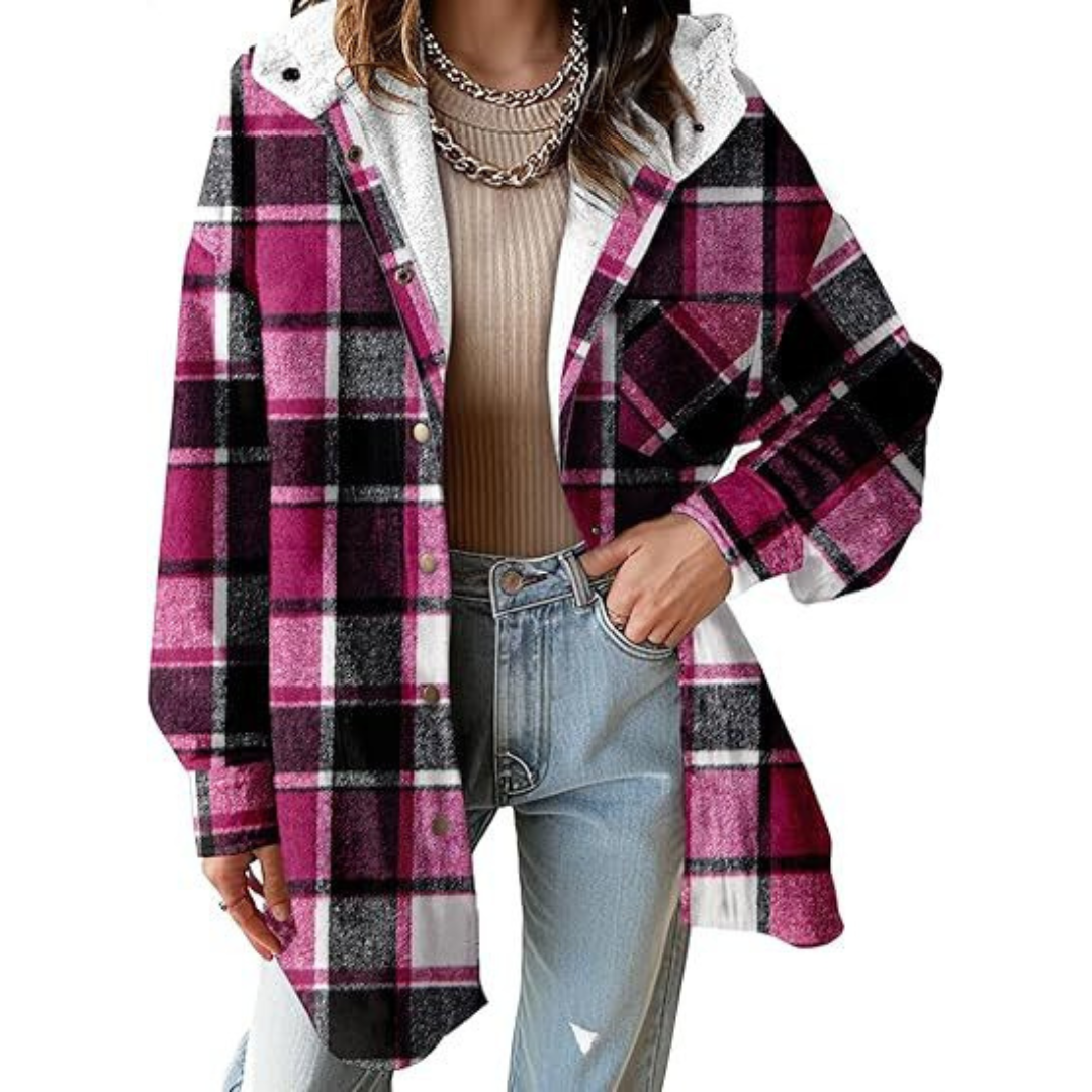 Damen Flanell Kariert Kapuzen-Hemdjacke Dicke Winterjacke für Wärme Geknöpfte Warme Flauschige Fleecejacke