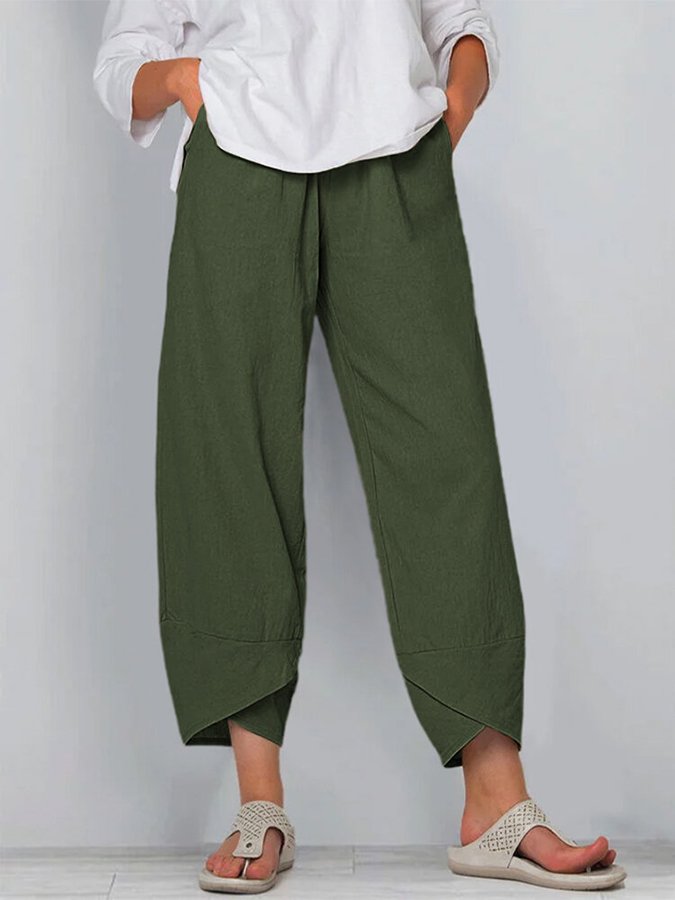 Damen Hose aus Baumwolle und Leinen, schlicht, locker, lässig, knöchellang