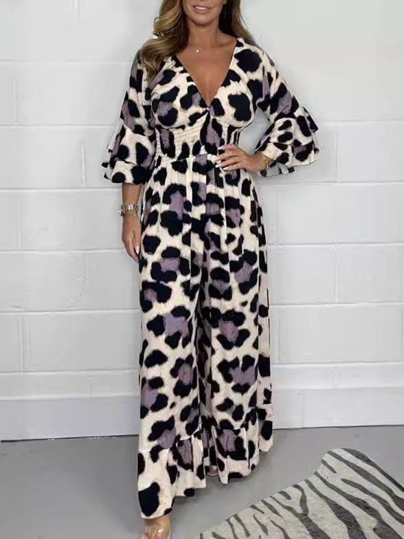 Leopardenmuster-V-Ausschnitt-Jumpsuit