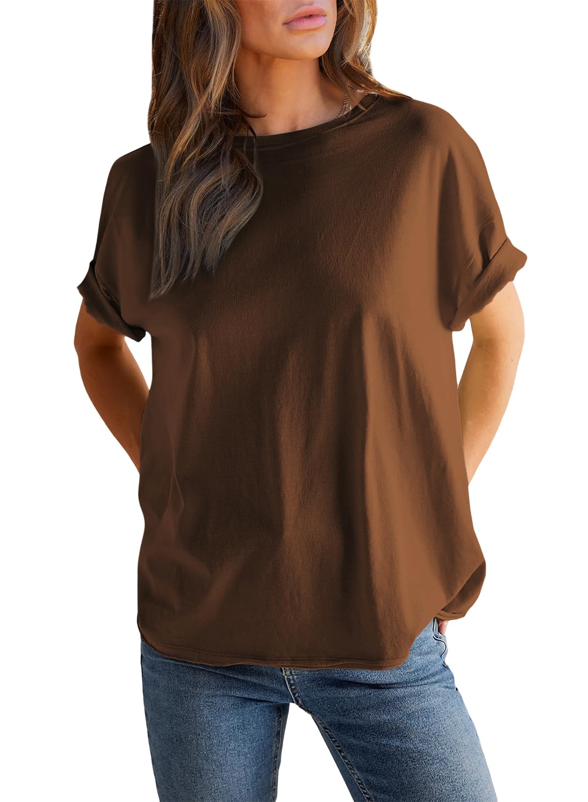 Damen einfarbiges Rundhals-Kurzarm-T-Shirt (2 kaufen, kostenloser Versand)