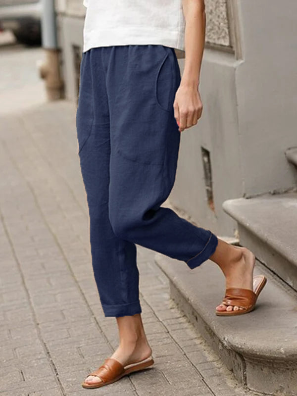 Leinen-Baumwoll-Hose für Damen, große Größen, locker geschnitten