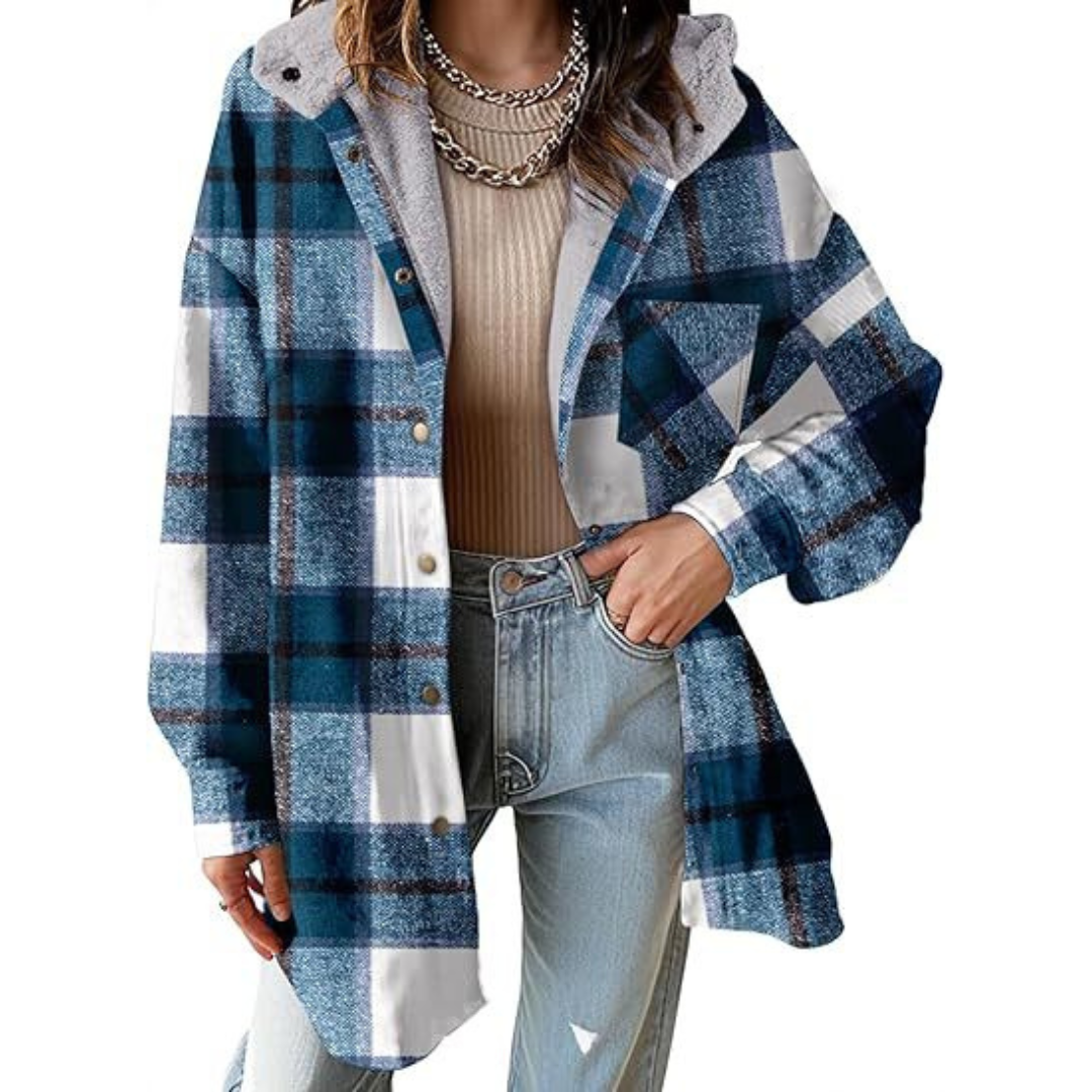 Damen Flanell Kariert Kapuzen-Hemdjacke Dicke Winterjacke für Wärme Geknöpfte Warme Flauschige Fleecejacke