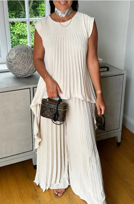 Plissiertes Zweiteiler-Set – High-Low-Oberteil & weite Hose Freizeit-Outfit