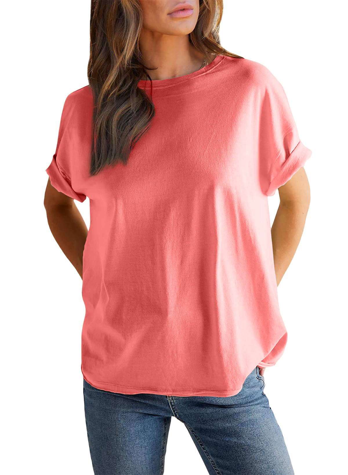 Damen einfarbiges Rundhals-Kurzarm-T-Shirt (2 kaufen, kostenloser Versand)