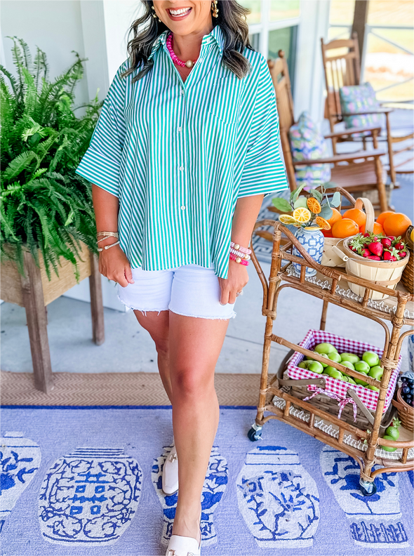 Damen gestreiftes Button-Down-Hemd mit Seitenschlitz und Schwing-Saum (2 kaufen, kostenloser Versand)