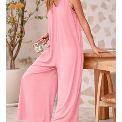 Damen Freizeit Overall Jumpsuit Ärmellos Tank V-Ausschnitt Weites Bein Locker Einteiler Strampler