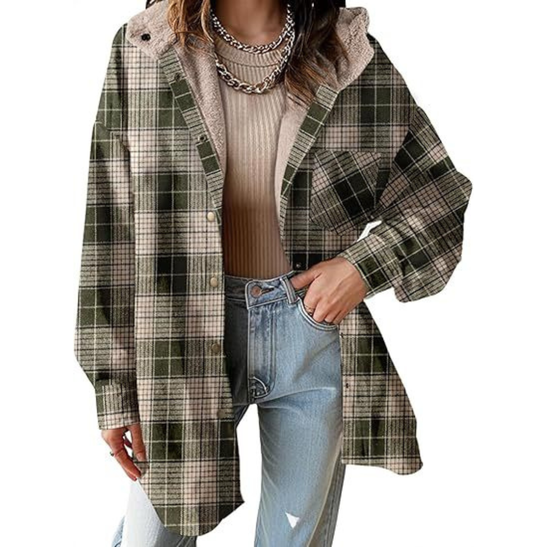 Damen Flanell Kariert Kapuzen-Hemdjacke Dicke Winterjacke für Wärme Geknöpfte Warme Flauschige Fleecejacke