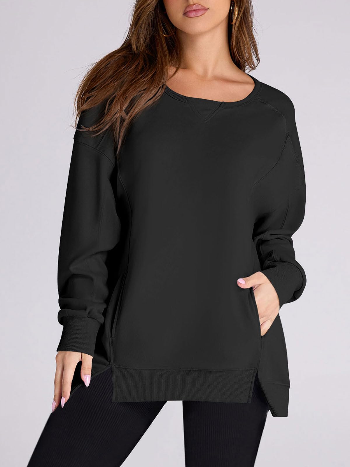 Damen High Low Pullover Sweatshirt mit Seitenschlitzen und Taschen (2 kaufen, kostenloser Versand)