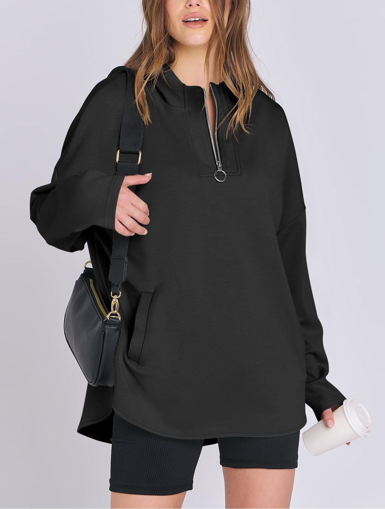 Damen Oversized Tunic Hoodie mit kurzem Reißverschluss (2 kaufen, kostenloser Versand)