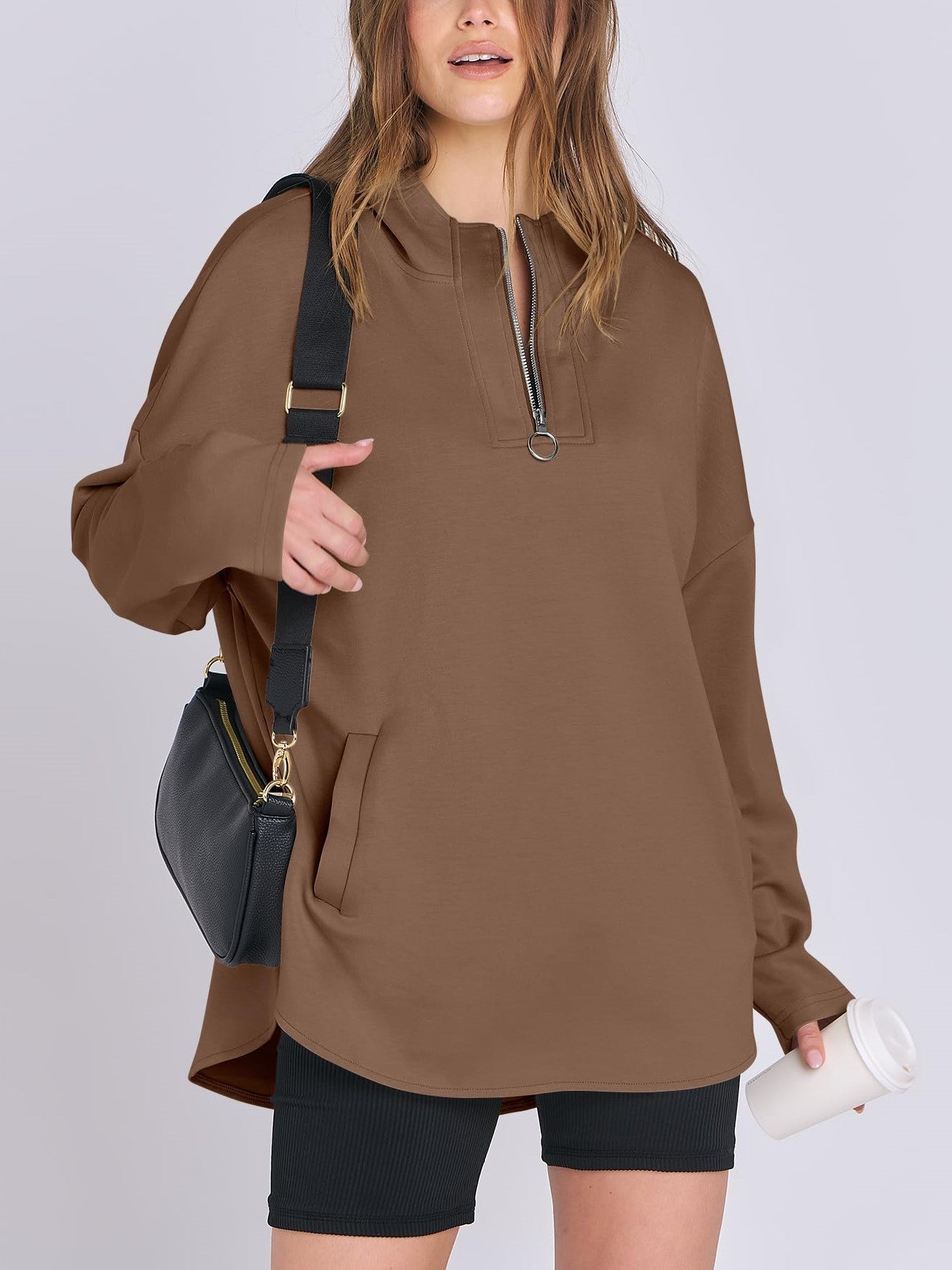 Damen Oversized Tunic Hoodie mit kurzem Reißverschluss (2 kaufen, kostenloser Versand)
