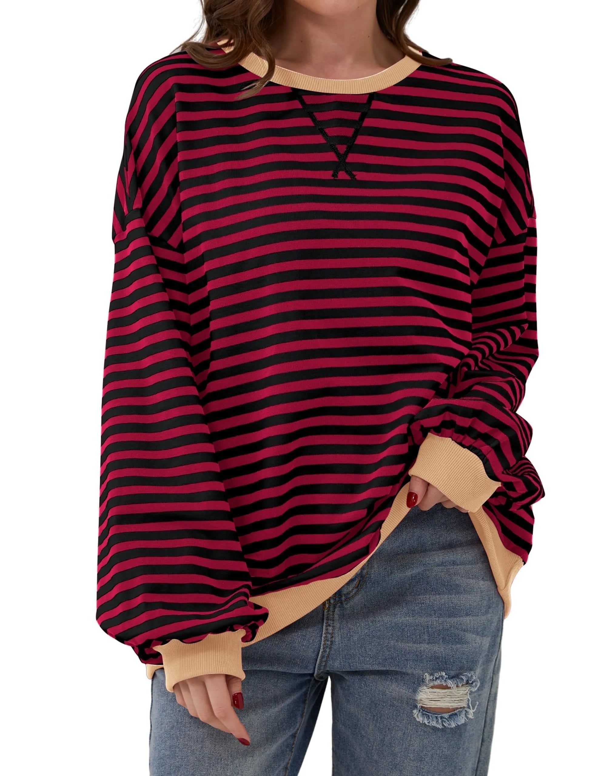 Damen Oversize-Pullover mit Streifen und langen Ärmeln (2 kaufen, kostenloser Versand)