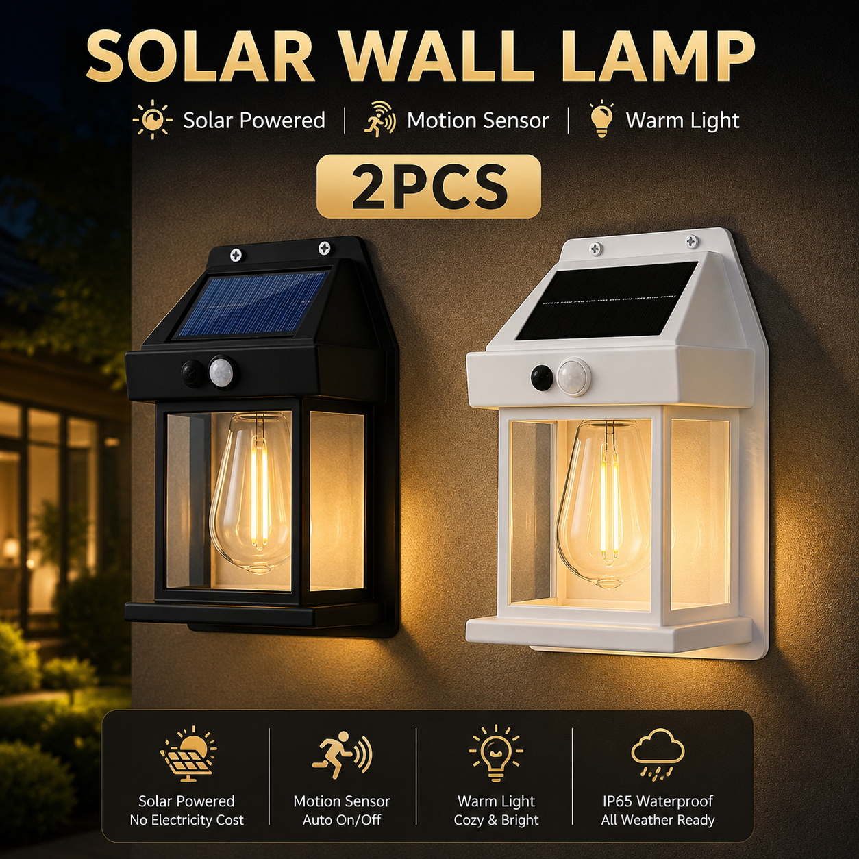 2-Pack Solar Motion Sensor Wall Lights for Outdoor Security