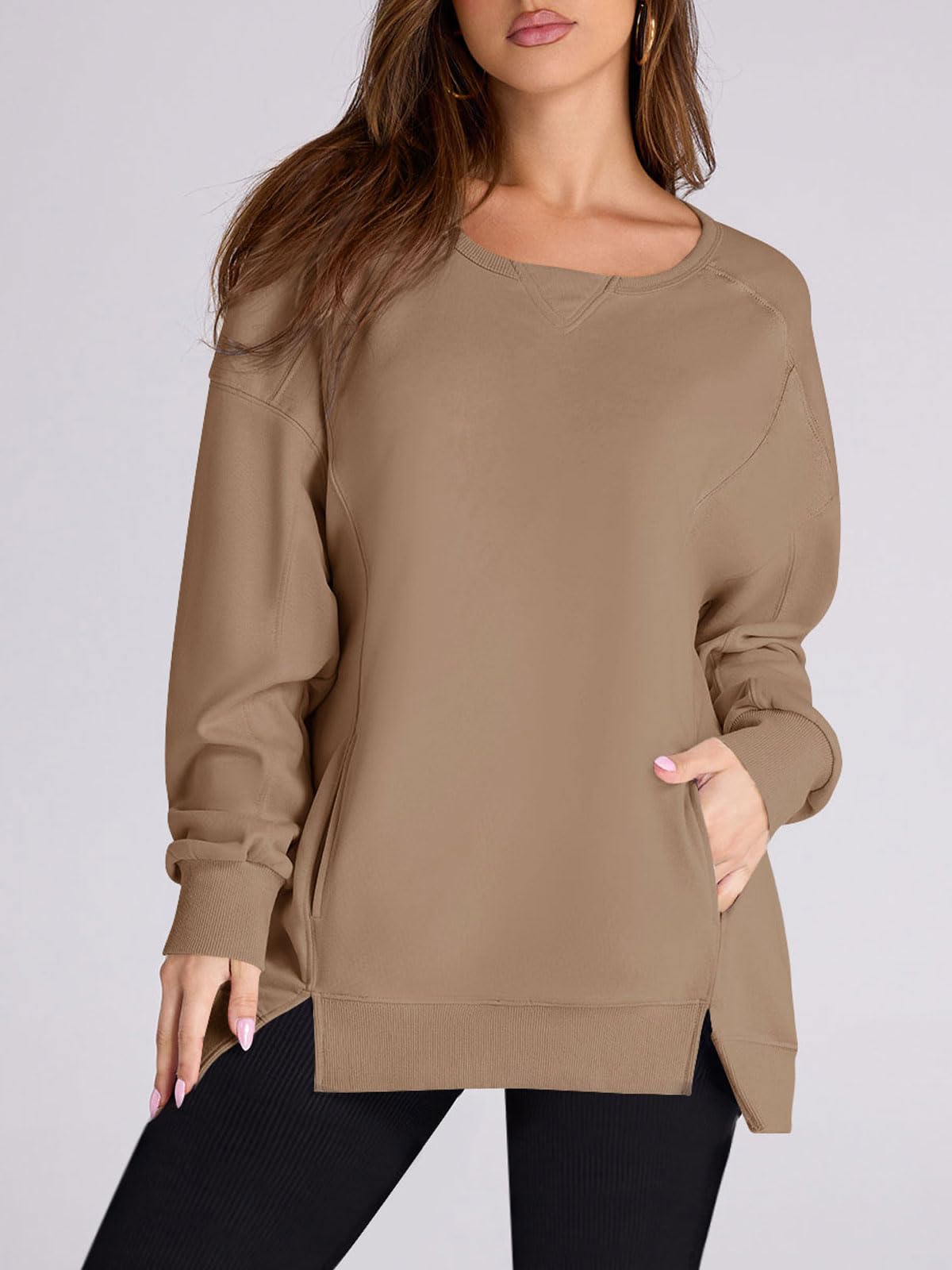 Damen High Low Pullover Sweatshirt mit Seitenschlitzen und Taschen (2 kaufen, kostenloser Versand)