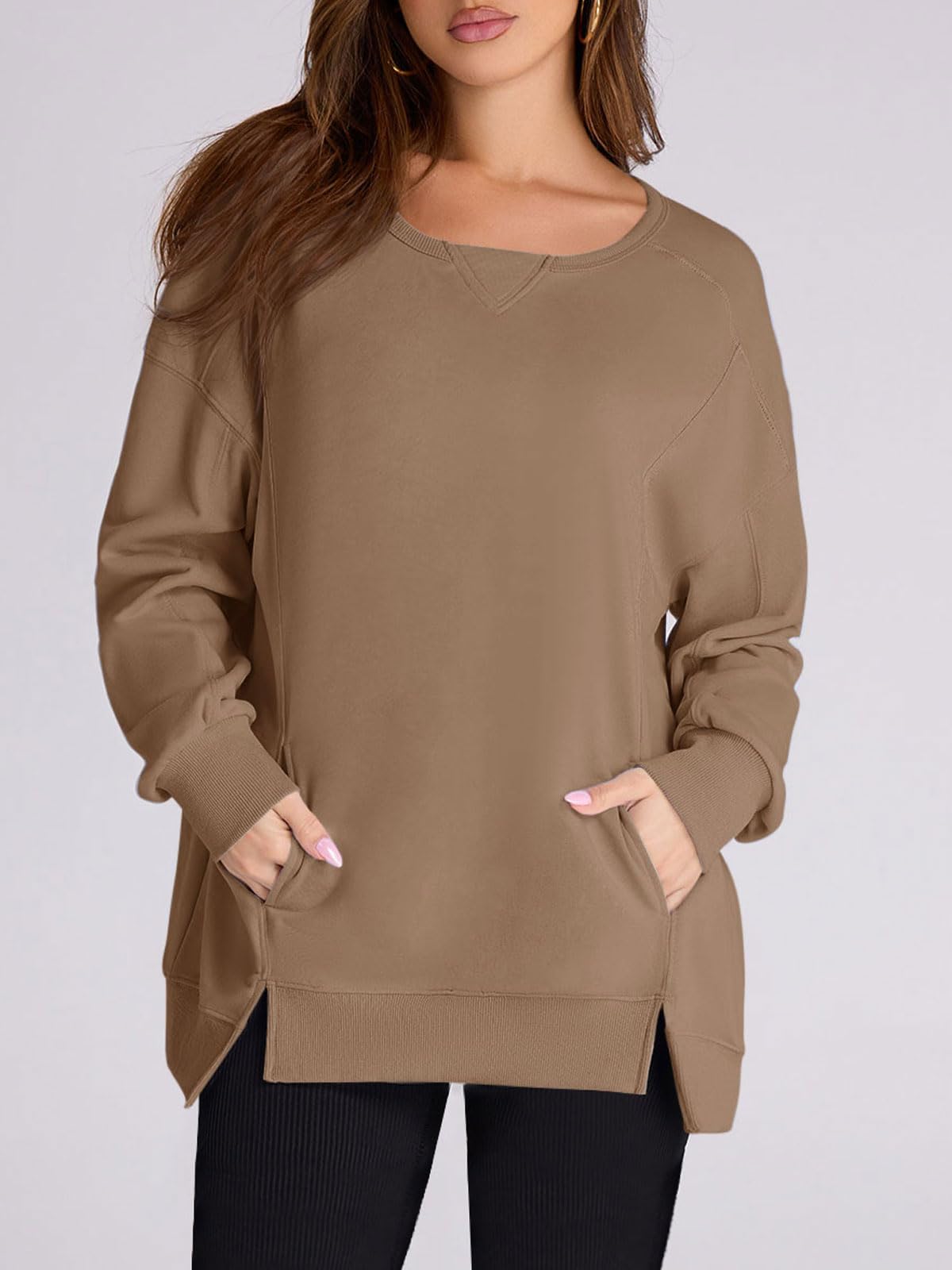 Damen High Low Pullover Sweatshirt mit Seitenschlitzen und Taschen (2 kaufen, kostenloser Versand)