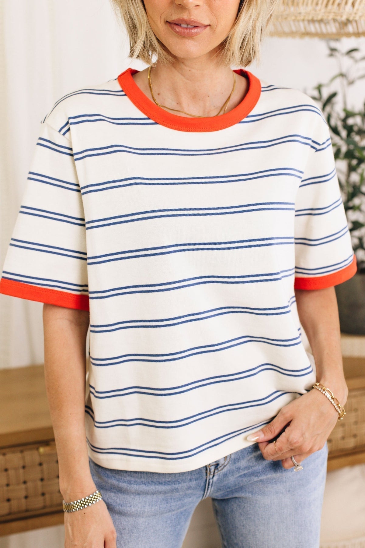 Damen Color Block Kurzarm-Streifen-T-Shirt (2 kaufen, kostenloser Versand)